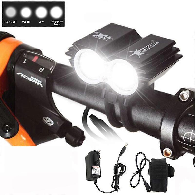 Black Cycling Lamp 2 x T6 LED Bike Light Front Bicycle Headlight Torch+6400mAh Rechargeable Battery Pack+Charger