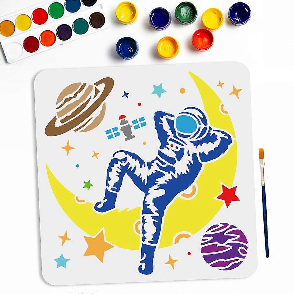 Astronaut Theme 1Pc PET Hollow Out Drawing Painting Stencils for DIY Scrapbook Photo Album with 1Pc Art Paint Brushes Spaceman