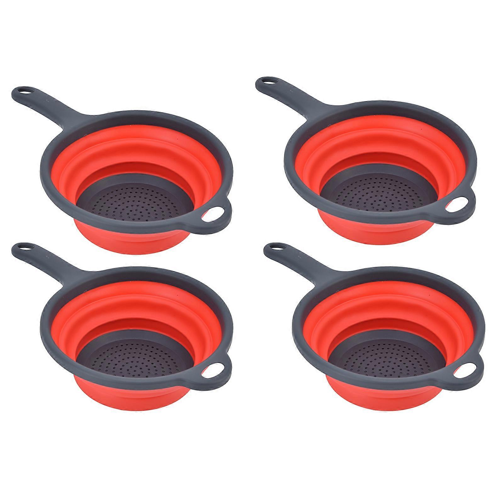4PCS Collapsible Colander Strainer Round with Handle Hanging Hole for Pasta Vegetables FruitsRed