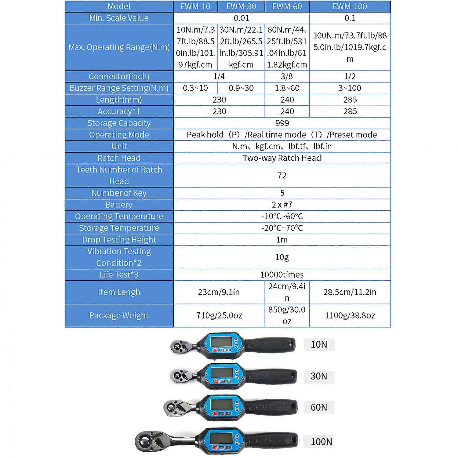 EWM-100 Digital Torque Wrench 1/2 Square Drive Max. 73.7ft.lb Torque Accurate to ±2% with Buzzer LED Indication and Peak Trace Tracking