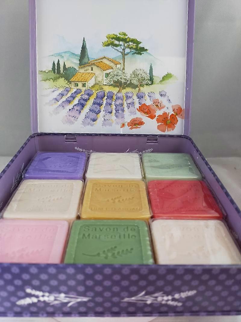 Metal Square Soap Tin Vue Provence with 9 Guest Soaps - Vintage Stock Tin - French Hand Soap