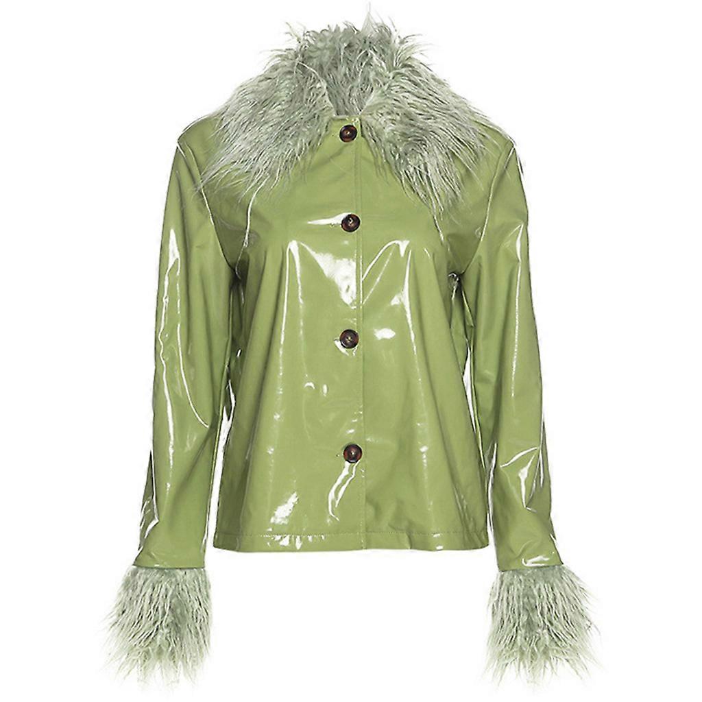 Women Shiny Wetlook Faux Leather Biker for Jacket with Faux Fur