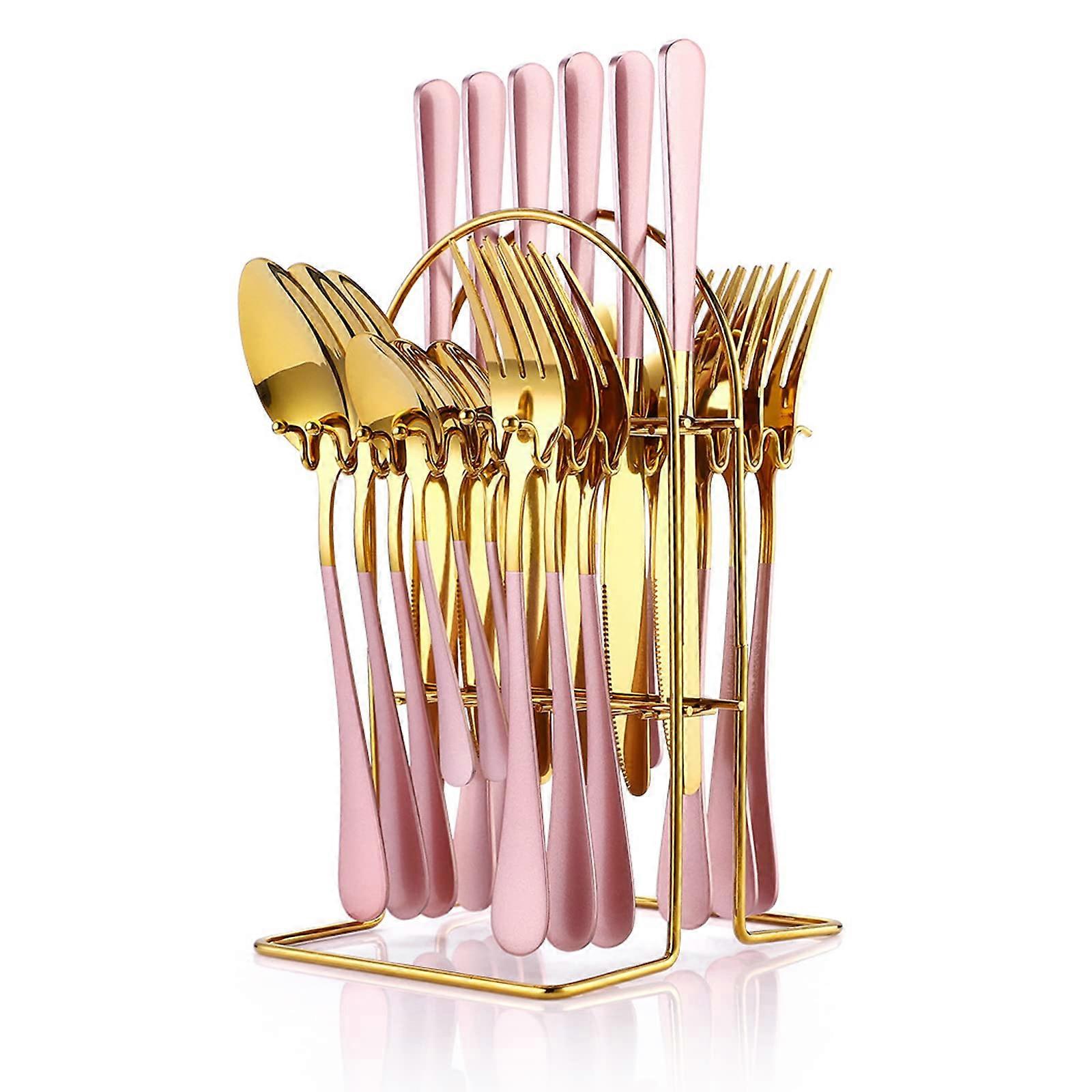 24 Pieces Stainless Steel Flatware Set with Silverware Holder Spoons Forks Service for 6 Gold Mirror Polished and Matte Pink Painted