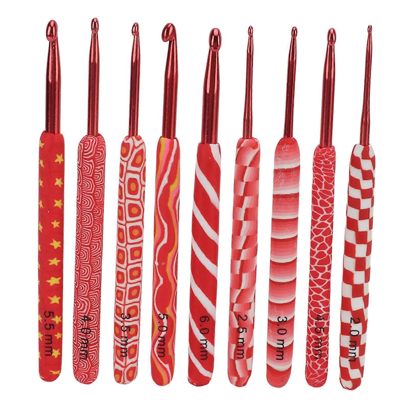 9pcs Crochet Hooks Differentiable Sizes Red Handle Ergonomic Grip Aluminum Material Knitting Needles Set