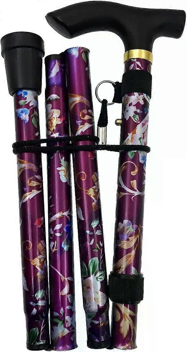 Folding Walking Cane - Adjustable Height Purple Flower Cane with Hand Strap