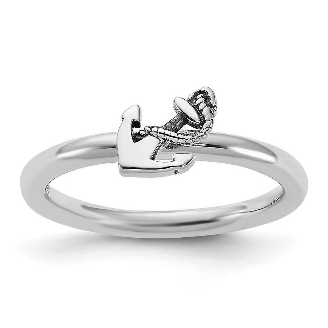 925 Sterling Silver Polished Stackable Oxidized Nautical Ship Mariner Anchor Ring-Stackable-Ring for Women - Ring Size:
