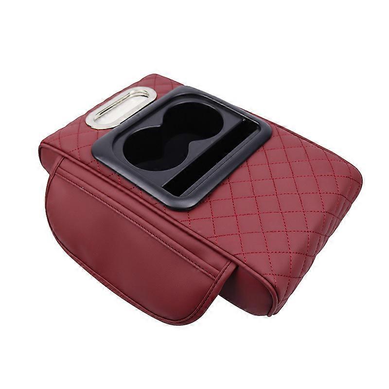 Car Armrest Cushion with Adjustable Height and Storage Box, Dual Cup Holders, Red