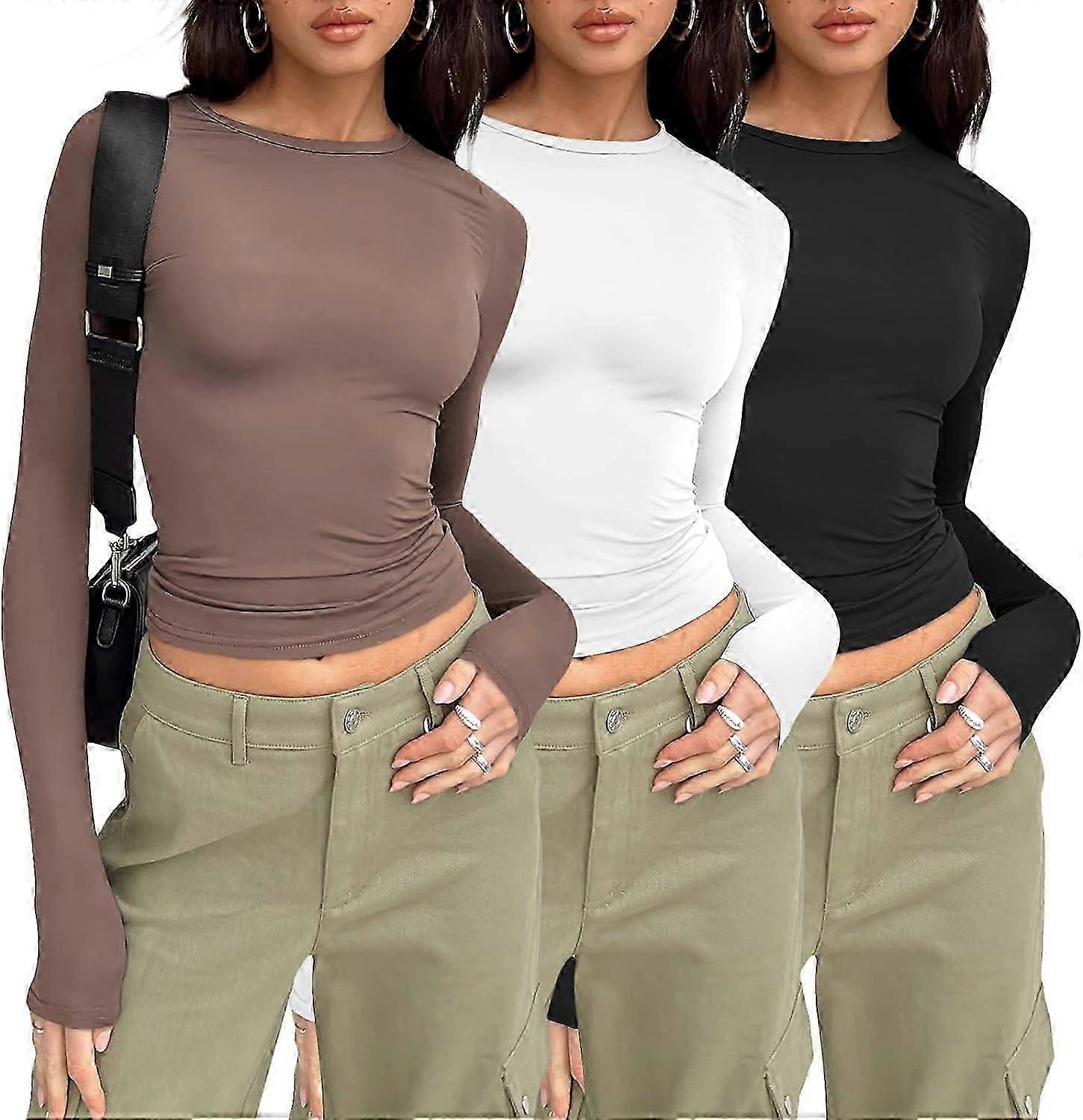 Womens 3 Piece Long Sleeve Shirts Basic Crop Tops Going Out Fall Fashion Underscrubs Layer Slim Fit Y2k Tops