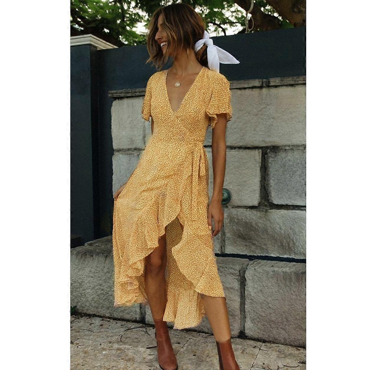 Women Holiday Floral Printed Ruffled Short Sleeve V Neck Midi Dress Plus  Size S-5XL