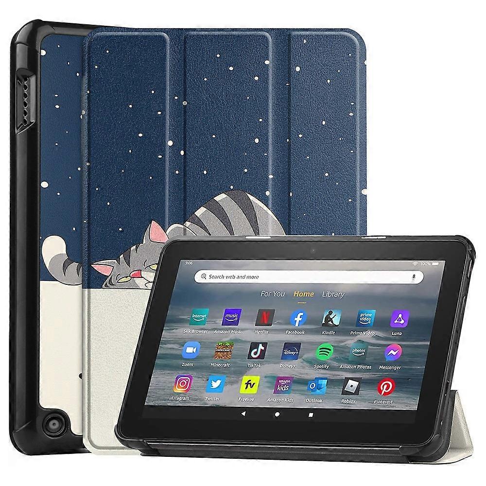 JUNSUNMAY For Amazon Fire 7 (2022) Tri-fold Stand Protective Cover Pattern Printing PU Leather Case 