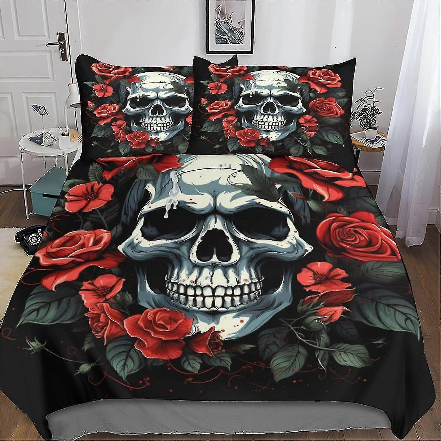 Conjunto de capa de edredom de caveira gótica com fronhas, roupa de cama impressa em 3D, fechamento com zíper, design antialérgico