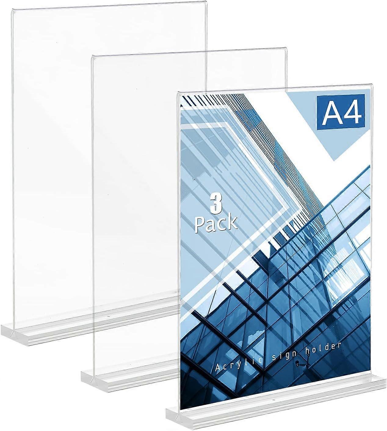 A4 Table Stands Pack of 3, Double-Sided Acrylic Display Stands for Menus and Price Tags, Transparent Plexiglass (21 x 29.7 cm)