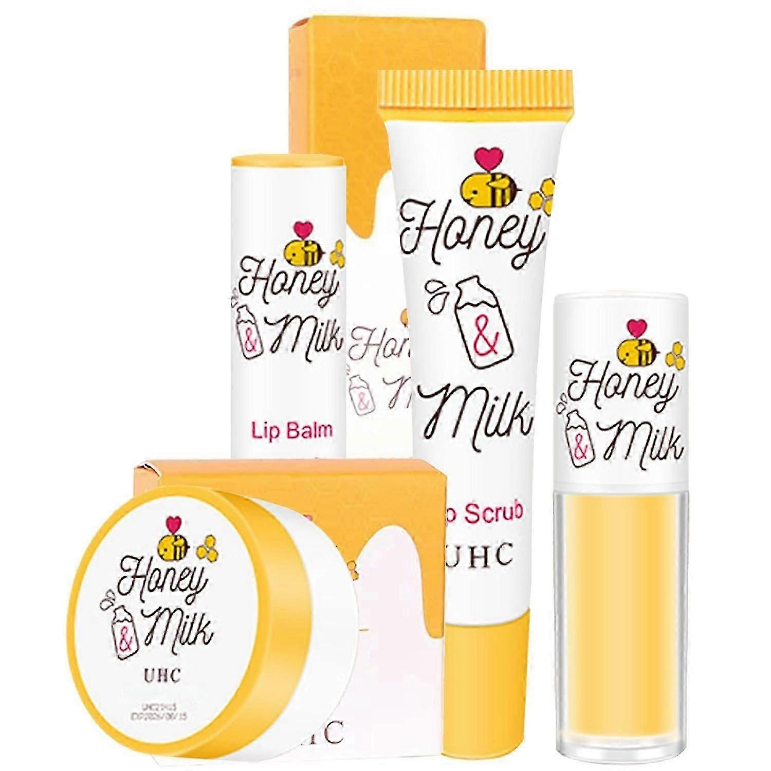 Ensemble d’huiles à lèvres au miel et au lait, baume à lèvres repulpant hydratant longue durée, exfoliant minimisant les rides des lèvres, soin éclaircissant pour les lèvres