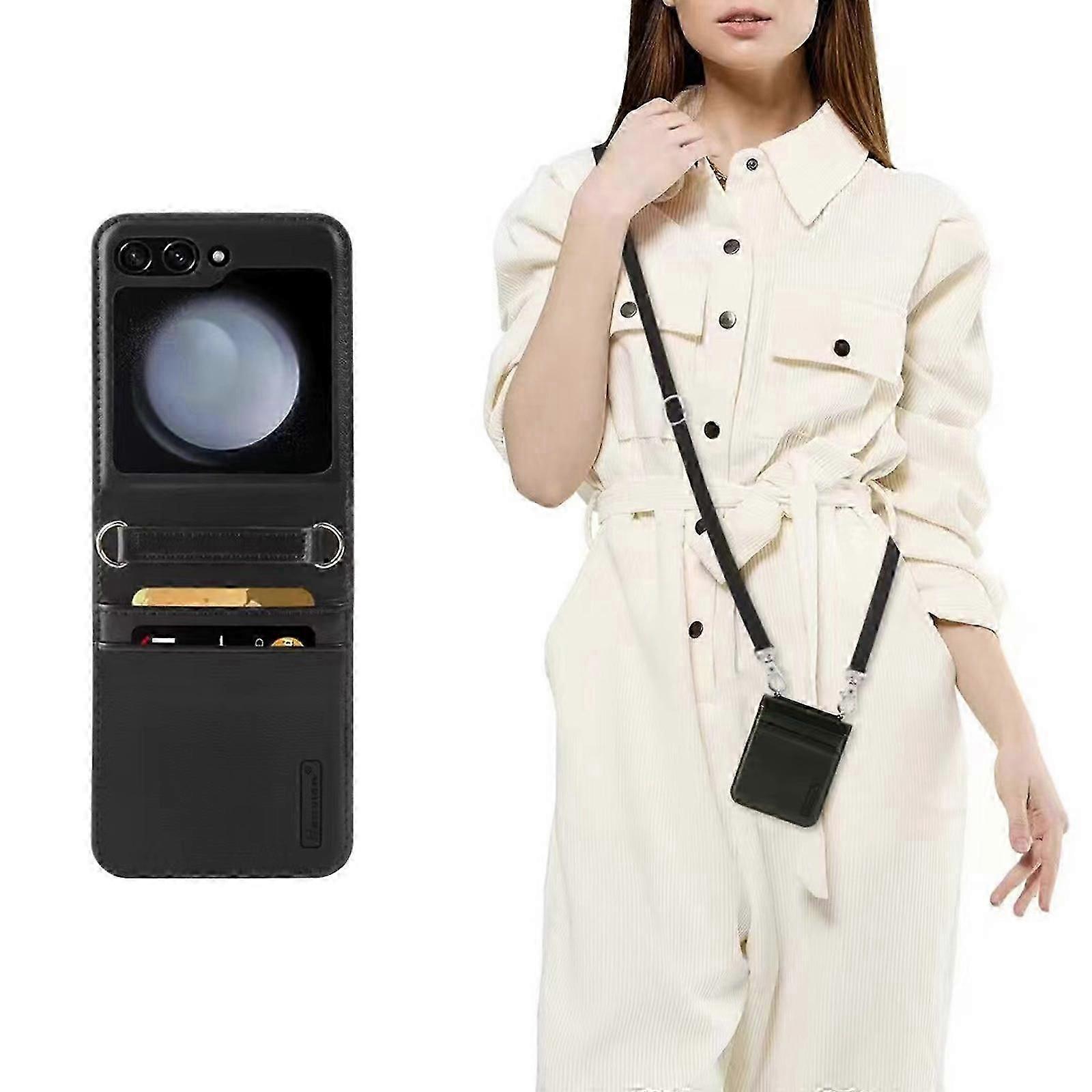 for Samsung Galaxy Z Flip 6 Luxurious Leather Case with Card Slots, Z Flip 6 with Wrist Strap and Adjustable Shoulder Strap