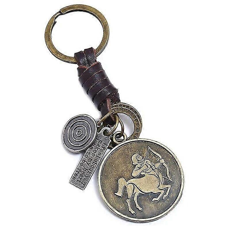 Sagittarius Keychain 12 Constellations Couple Key Ring Leather Alloy Charm 3.8cm