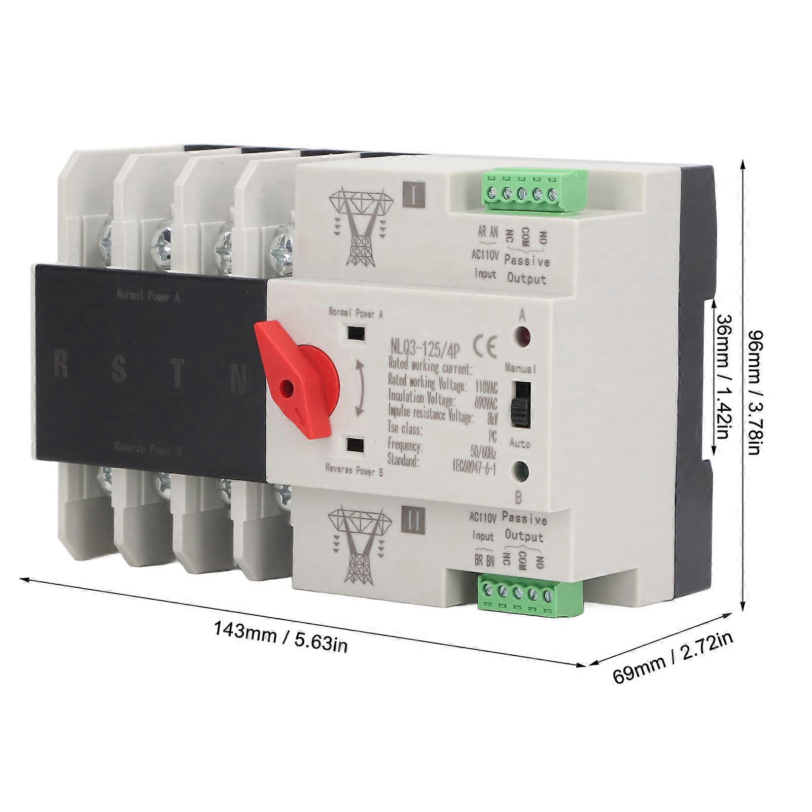 4P Automatic Transfer Switch Dual Power Changeover Switch 35mm Rail Mounting AC110V 80A