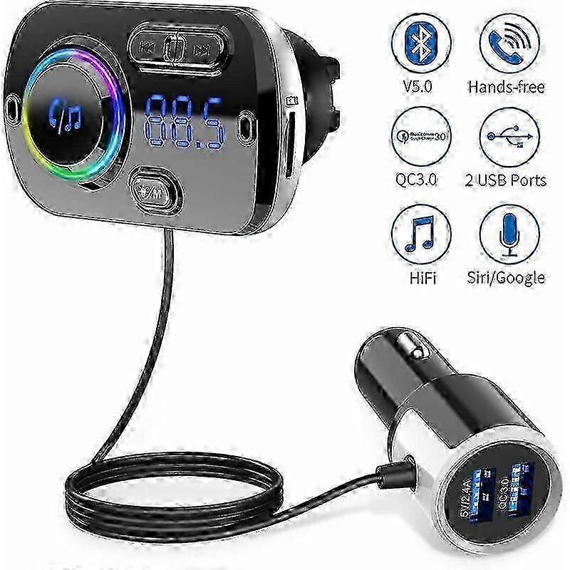Bluetooth 5.0 FM Transmitter & Wireless Handsfree Radio Adapter - QC3.0 Fast Car Charger with 5V/2.4A USB Charging Port