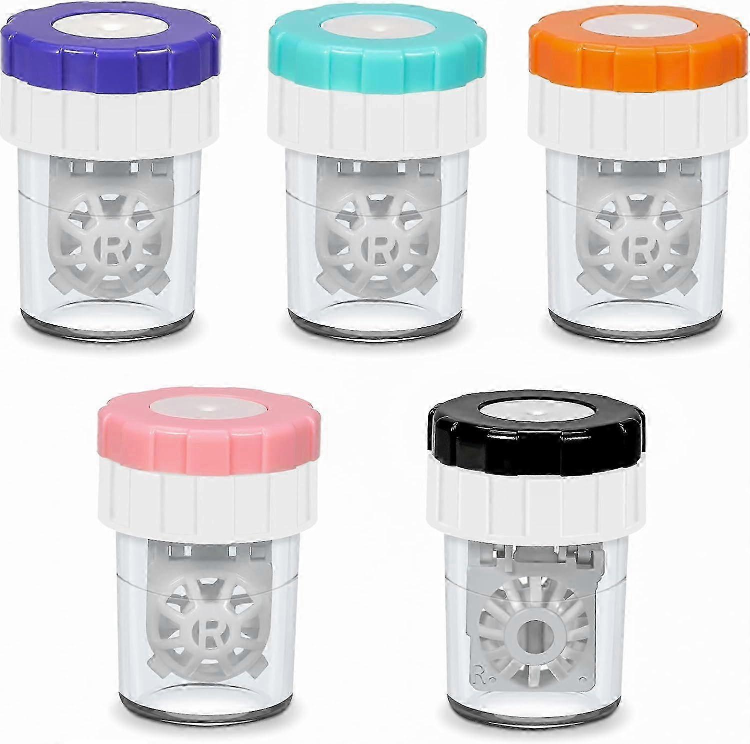 5-Piece Set of Barrel Style Contact Lens Cases with Manual Rotation Washer Cleaner