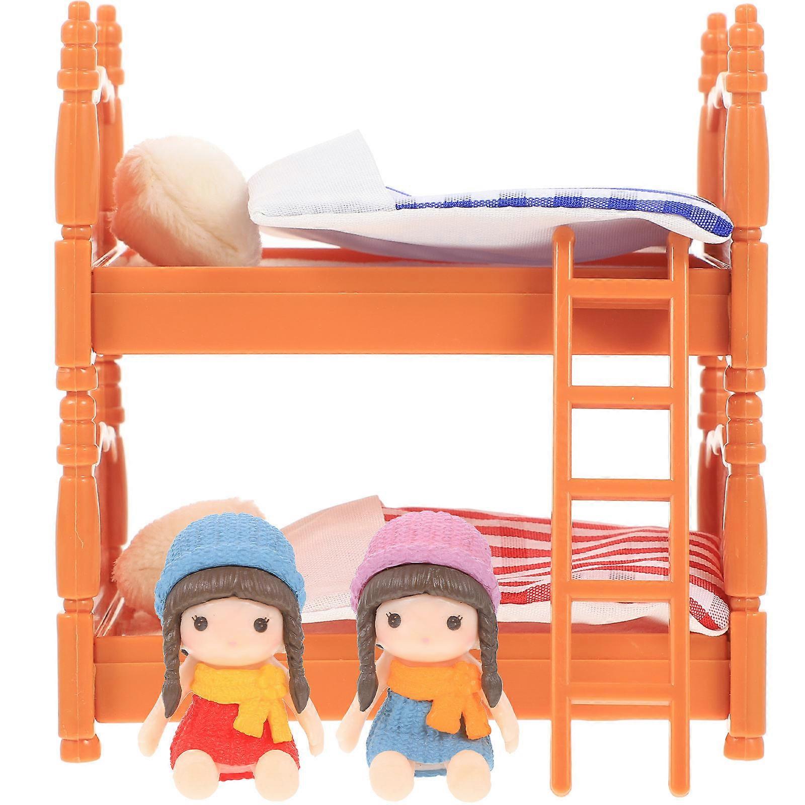 Miniature Bunk Bed Model with Ladder for Dollhouse Decor – Red & Blue Plaid Pattern, Includes 2 Beds, Pillows & Quilts for Micro Dollhouse