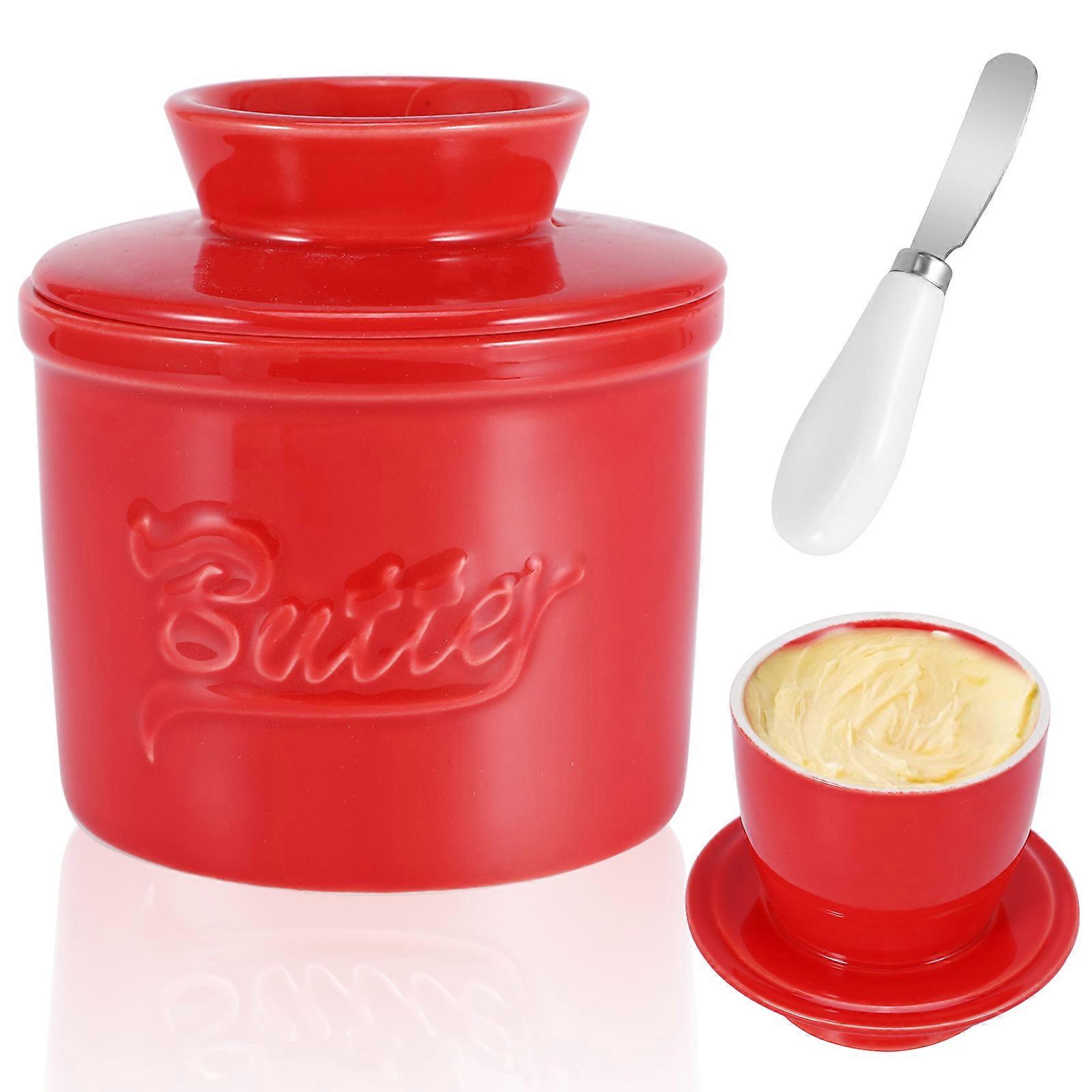 Red Ceramic Butter Keeper with Butter Knife Gift Box Set
