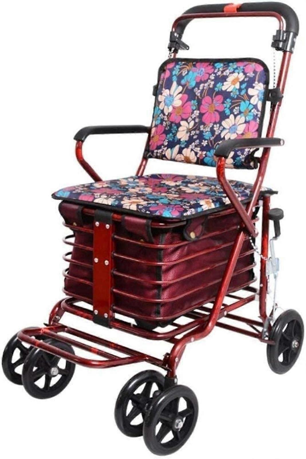 Foldable FourWheel HeightAdjustable Lightweight Steel Rollator Walker with Padded Seat Basket and Adjustable Brake Lever