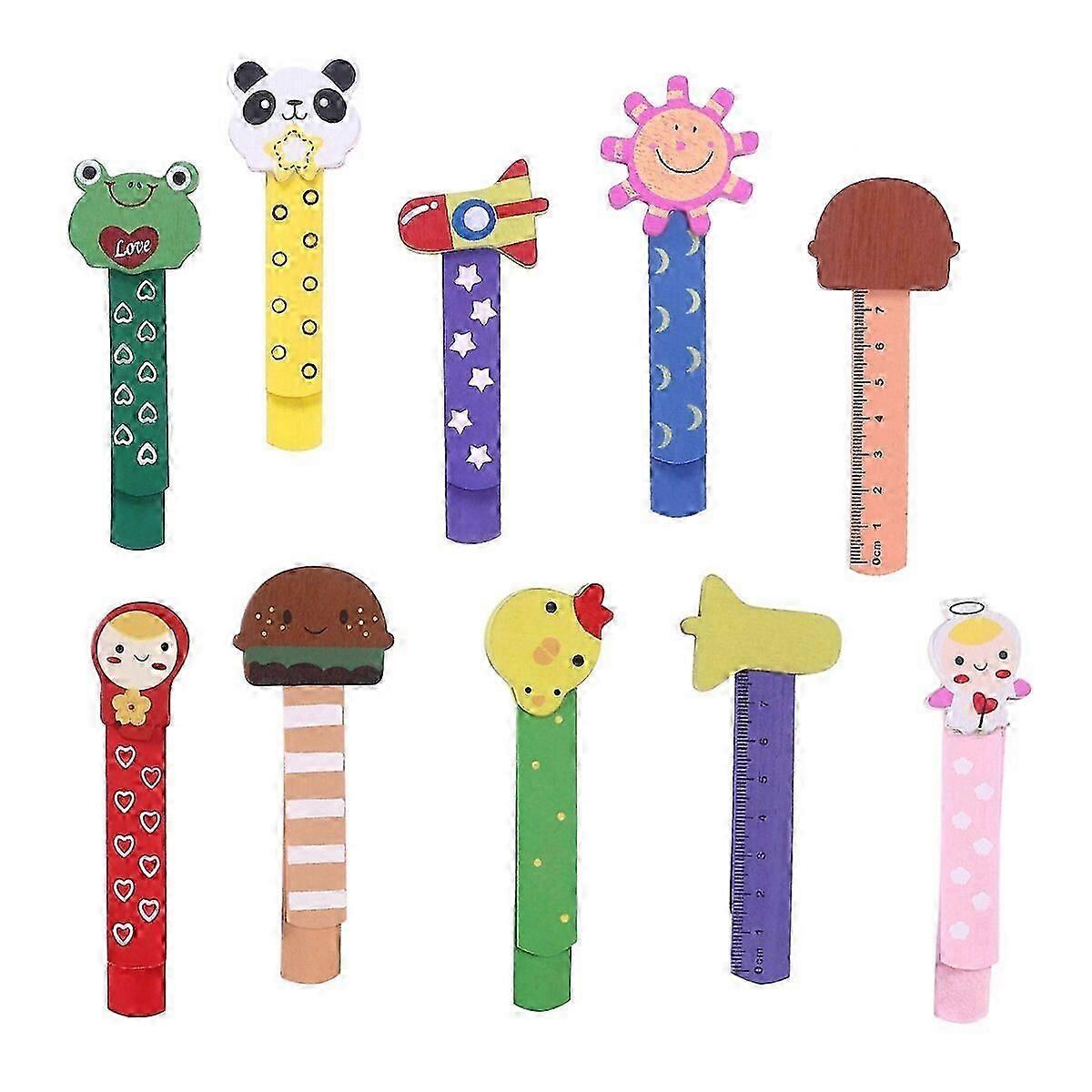 10pcs Wooden Ruler Bookmarks with Cartoon Patterns (Random Mixed Styles)