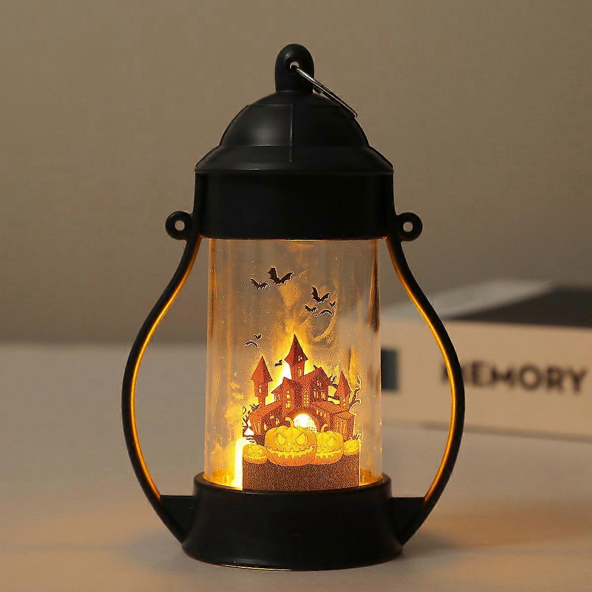 Halloween LED Pumpkin Light With Castle Skeleton Designs Electronic Candle Lantern Desktop Ornament YS-2025WSJ