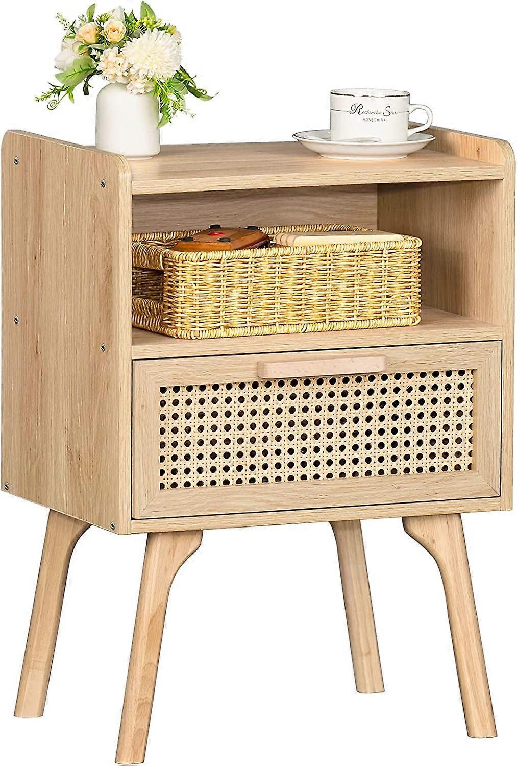 Rattan Nightstand with Drawer & Open Shelf, Boho Cane Bedside Table for Bedroom & Small Spaces - Natural