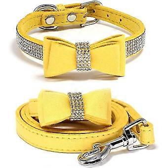 Bowtie Dog Collar With Rhinestone Jeweled Crystal Dazzling Soft Collars For Small Dogs With Leash Yellow S