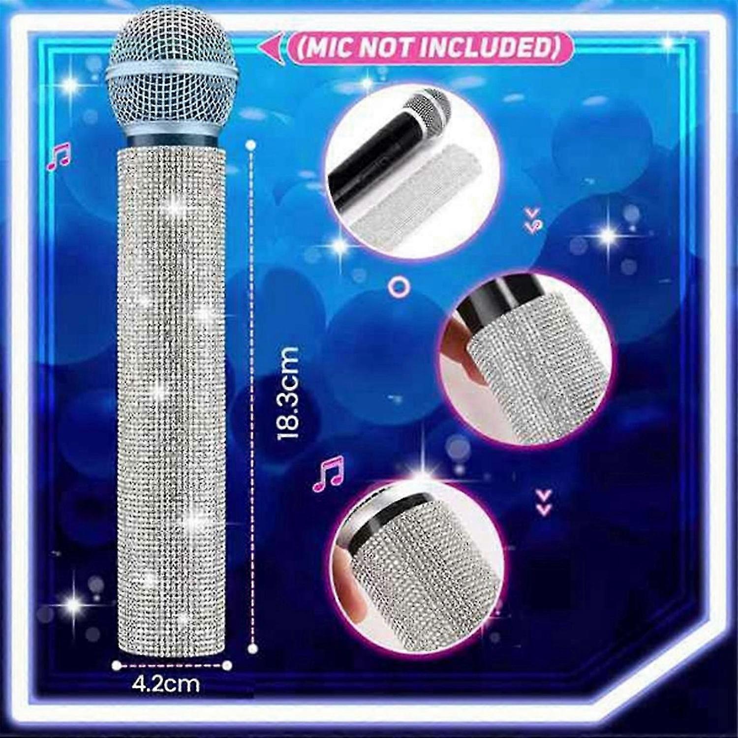 2 PCS Mic Handle Cover Sparkly Bling Rhinestones Mic Handle Sleeve for Party&TV Show for Most Wirele
