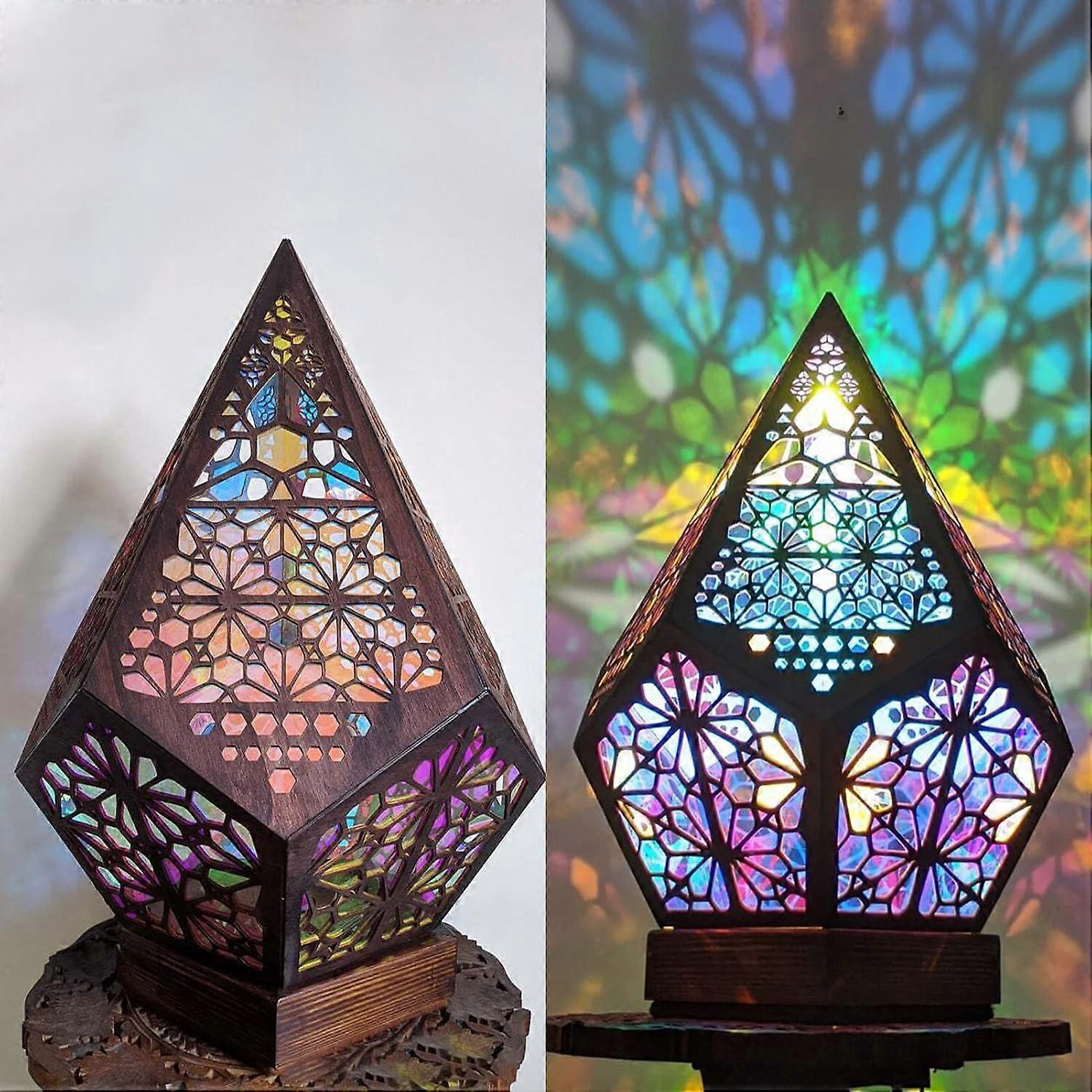 Bohemian Mosaic Lamp Wooden Floor Lamp Moroccan Handmade Hollow Geometric Retro 3D Starry Projection Night Light