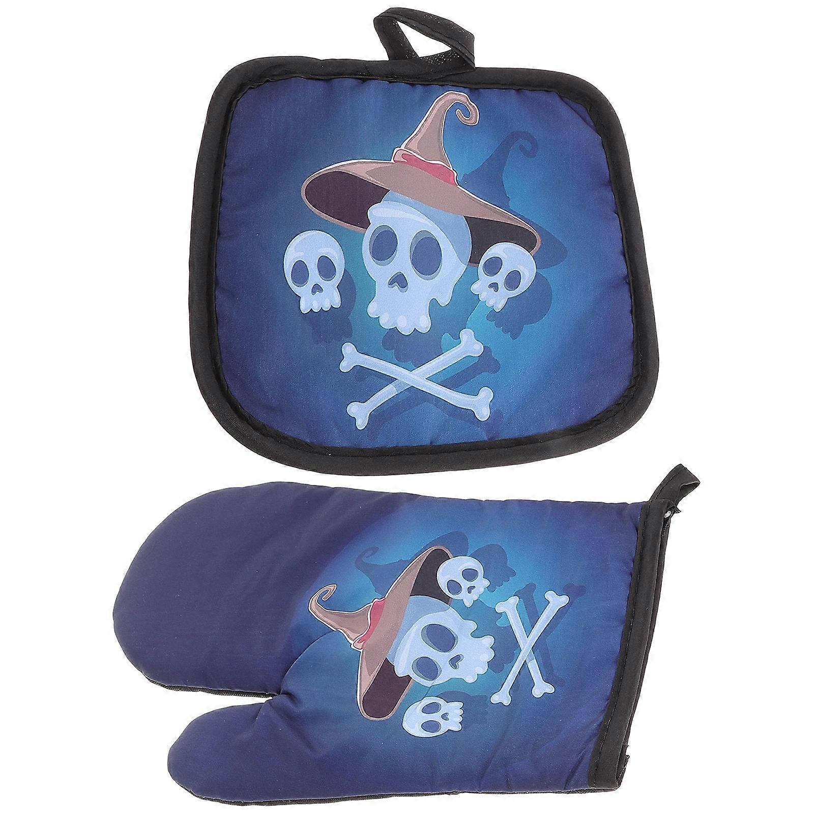 Heat Resistant Halloween Oven Mitt and Pot Holder Set for 3Sets Blue