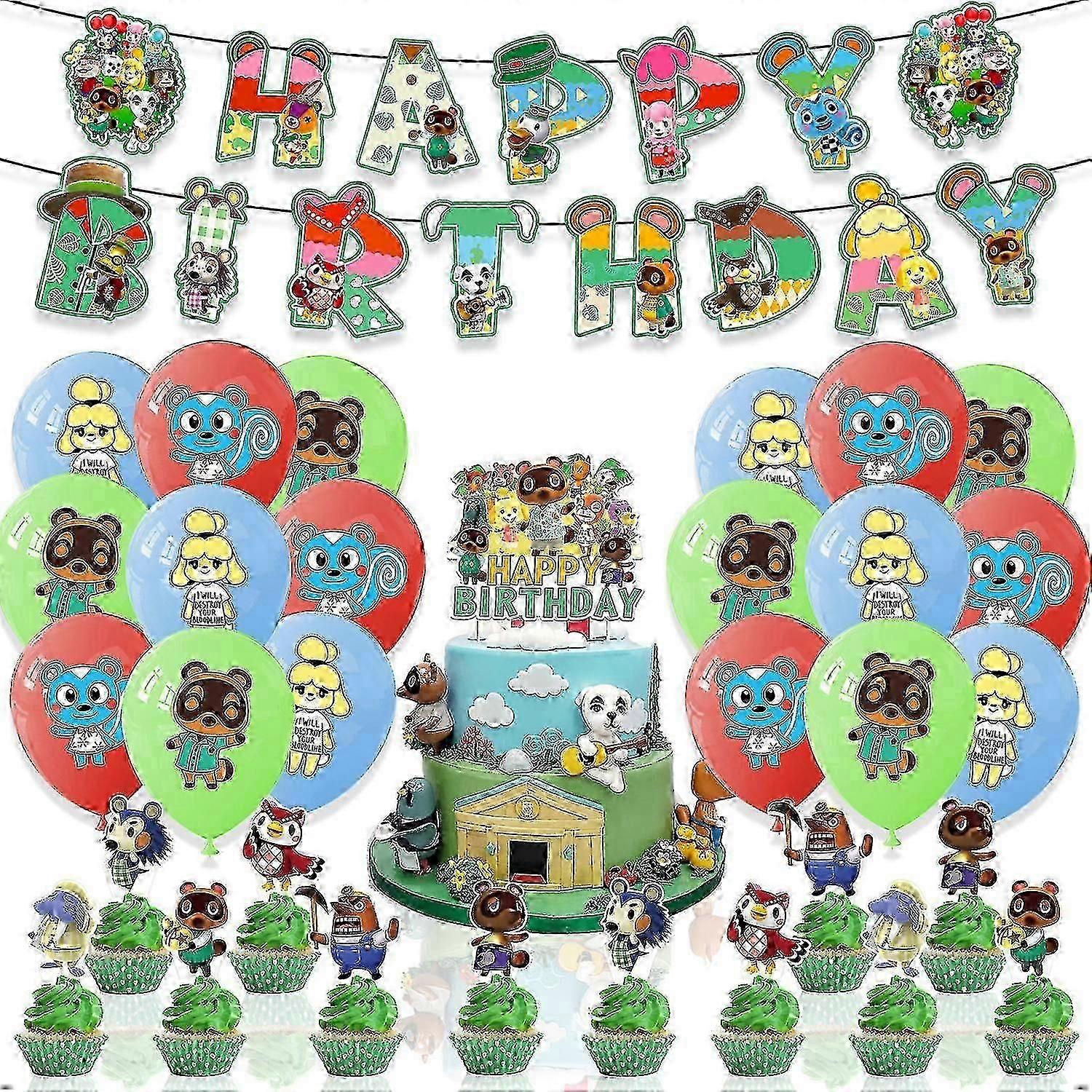 どうぶつの森をテーマにした誕生日パーティーの装飾どうぶつの森プルタブケーキインサートバルーンスパイラル