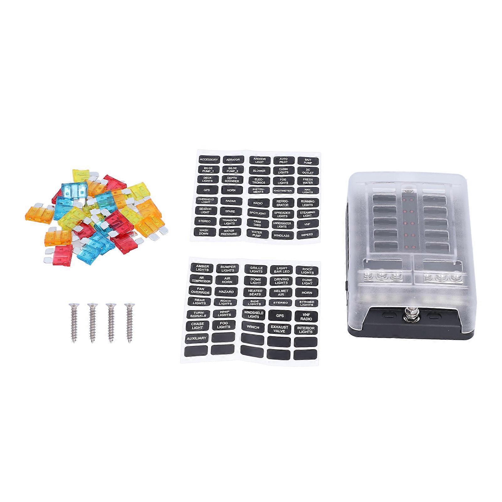 12-Way Fuse Box Block 5A 10A 15A 20A Blade Fuse with LED Indicator Waterproof Cover for Car Marine Boat