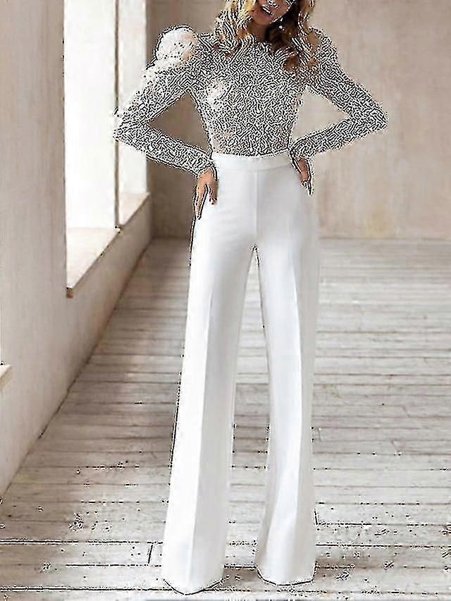 المرأة بذلة عارية الذراعين مطرز بلون بلون الطاقم الرقبة أنيقة حزب الزفاف مستقيم العادية صالح طويل Sleev