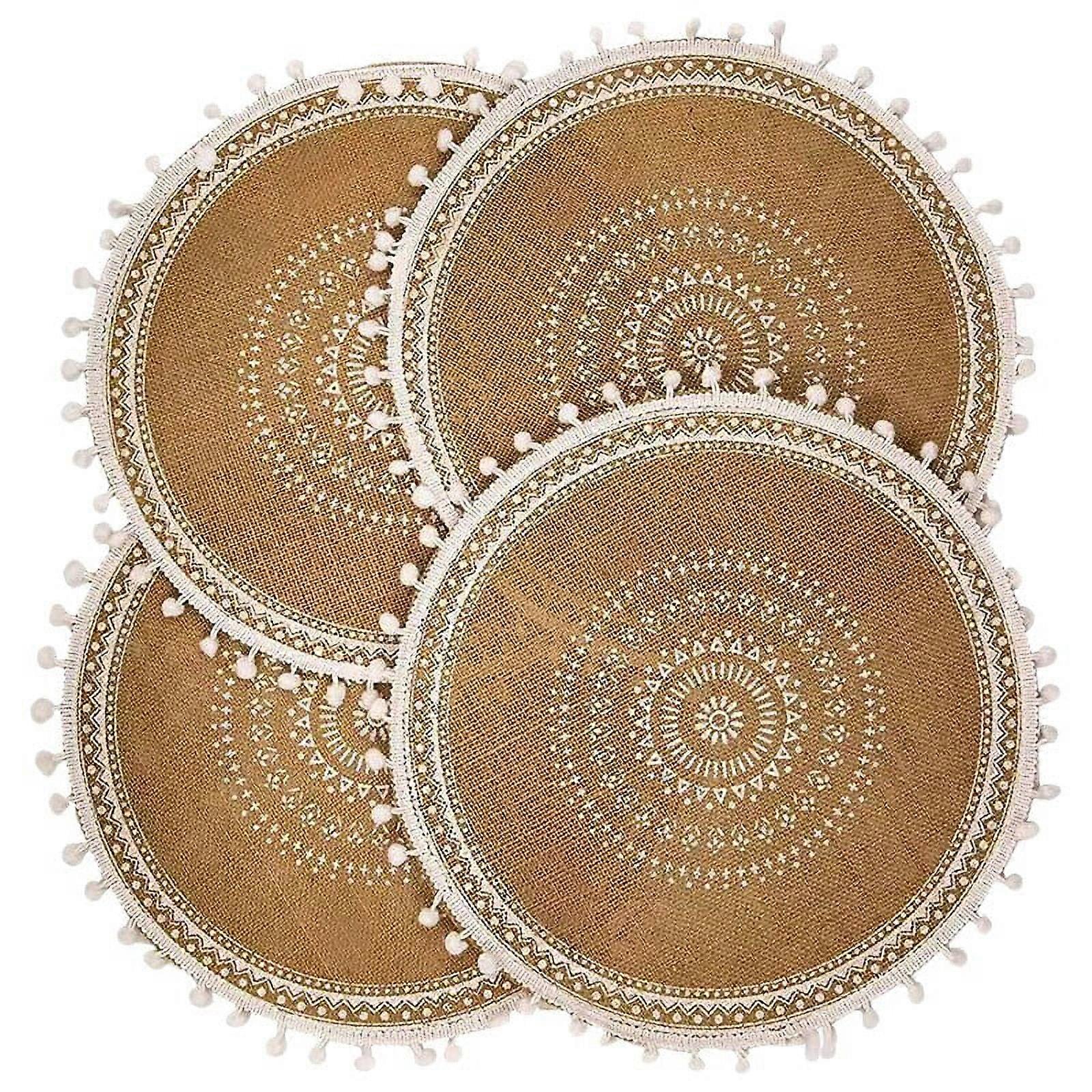 Round Placemats Set of 4,Boho Woven Table Mats (White Ball)