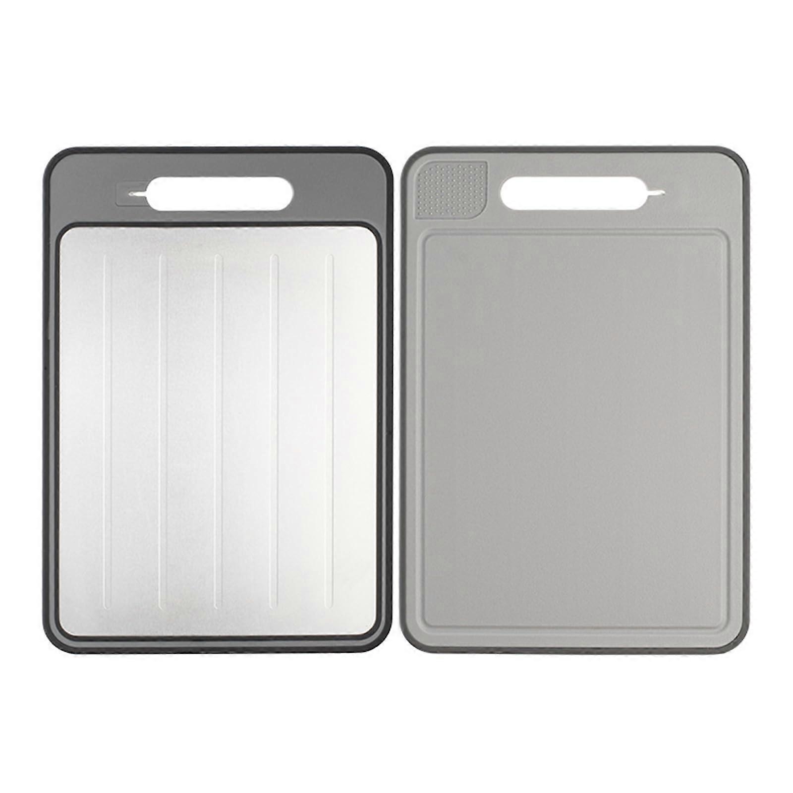 4 In 1 Defrosting Tray With Cutting Board, Aluminum Plate, Knife Sharpener, Garlic Grater, Non Slip, Grey 14x8In