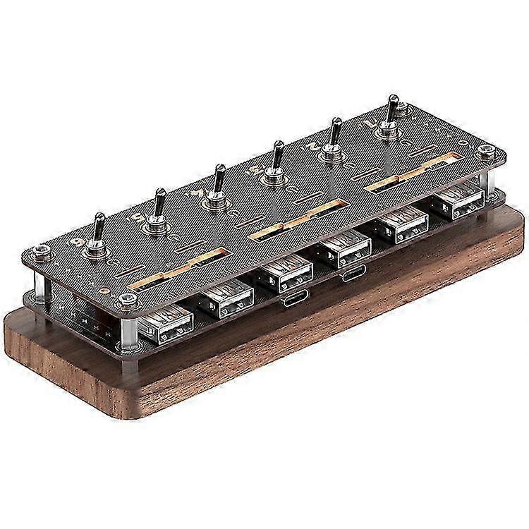 AODUKE Cyberpunk-stijl Walnoot 6-poorts USB 2.0-hub met onafhankelijke schakelaars SD TF-kaartopslagrek 25-26