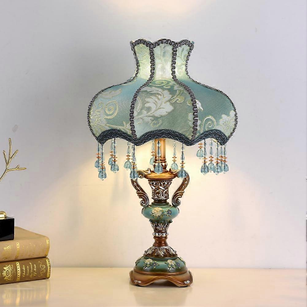 Victorian Style Blue Fabric Table Lamp with Beaded Fringe, Elegant Antique Bedside Lighting