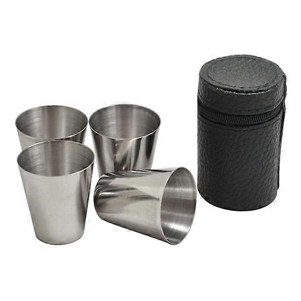 4x Small Stainless Steel Glasses with Storage Silver