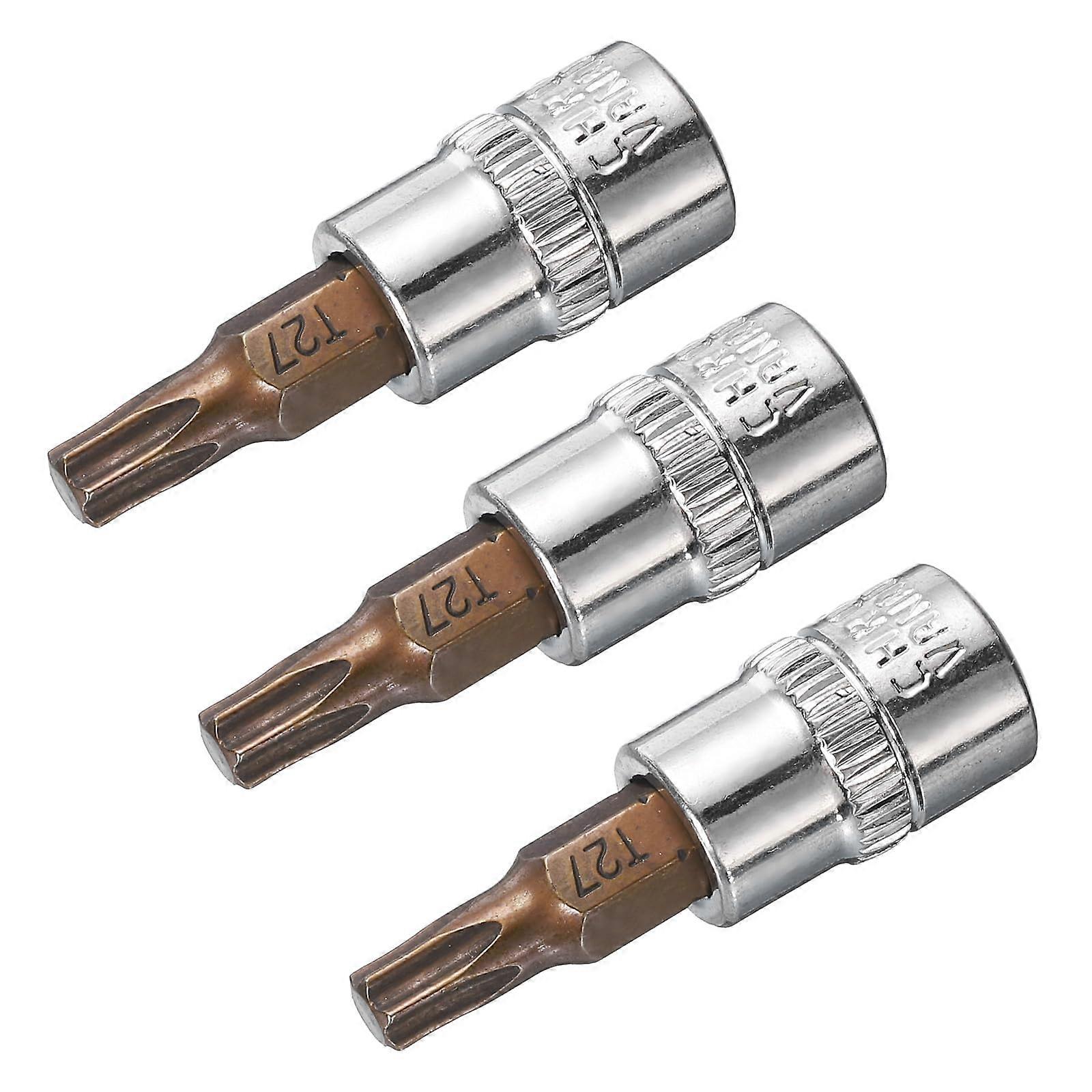 3pcs T27 Torx Bit Socket Set 1/4 Inch Drive S2 Steel 38mm for Ratchet Wrench