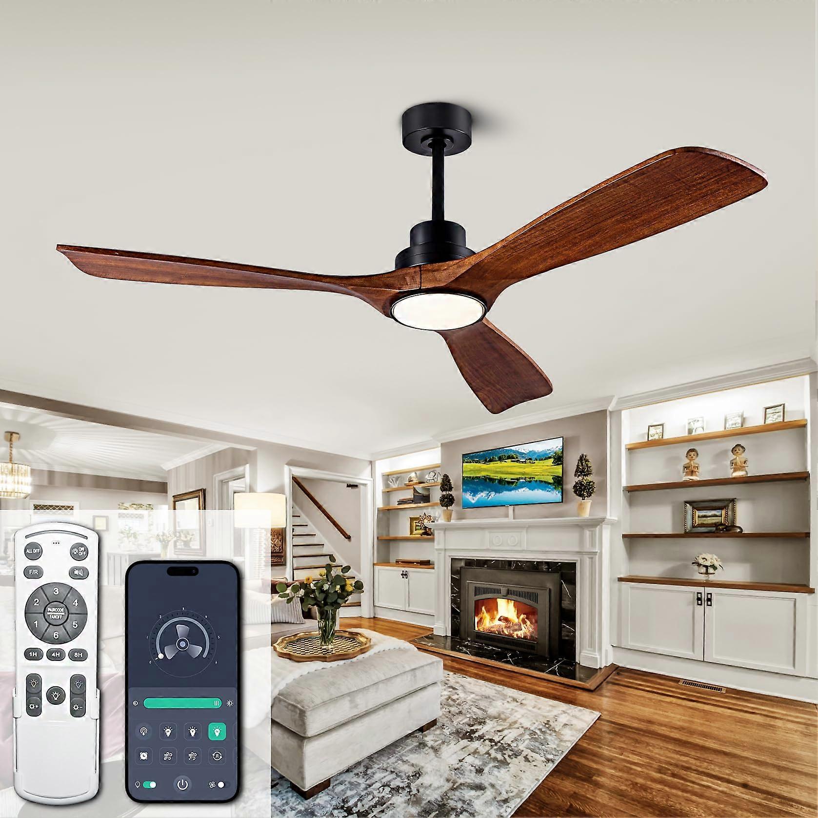 52 Inch Ceiling Fan with Light and Remote, Solid Wood Blades, Quiet Reversible Motor, Dark Walnut