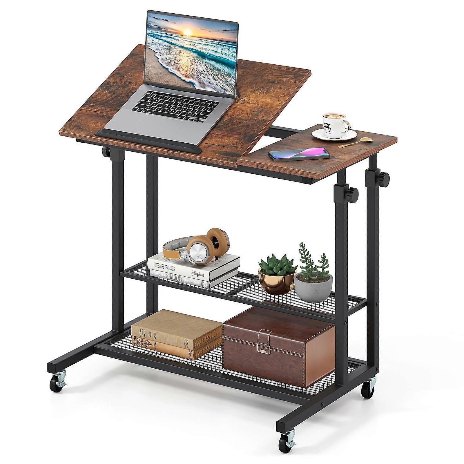 Standing Desk with Wheels, Height Adjustable Tilting Laptop Table, Compact Computer Desk with Shelves, Rustic Brown