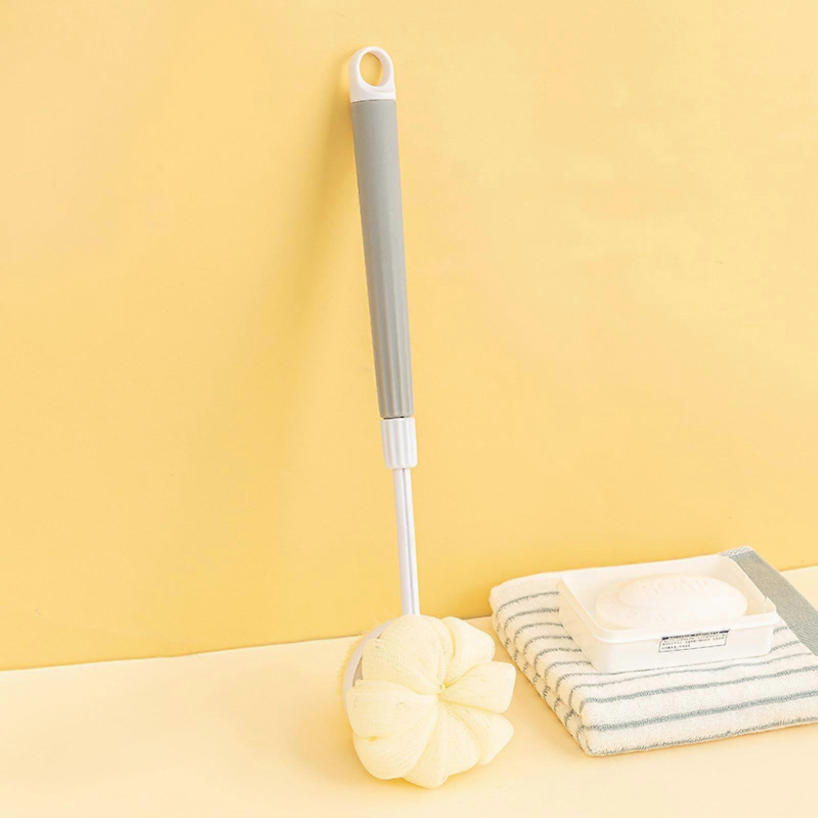 Retractable Long Handle Shower Brush with Soft Lathering Ball for Back Cleaning, Off White