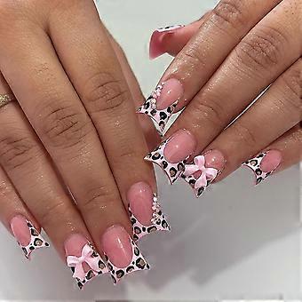 Duck Shaped Press On Nails French Pink Leopard Acrylic Medium Fake Nails with Charms Glue Tabs