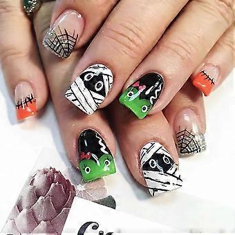 Halloween Press On Naglar Set Korta Lösnaglar Heltäckande Fyrkantig Design Glansigt Glitter Akryl 24st