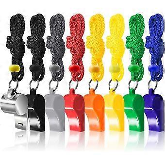 7 Pack Plastic Coaches Referee Whistles with Lanyards, 1 Pcs Stainless Steel Metal, Colorful Whistles for Football Sports Lifeguards Survival Emergen