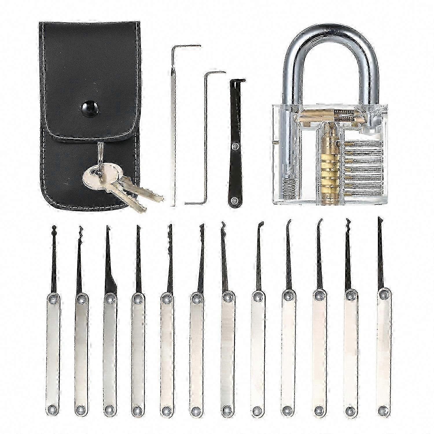 15pcs Lock Picking Set with Transparent Practice Padlock compatible withLocksmith Beginners