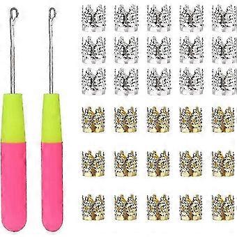 2 PCS Latch Hook Crochet Needle + 30 PCS Dreadlocks Hair Ring Decoration Braiding Hair Silver Gold Metal