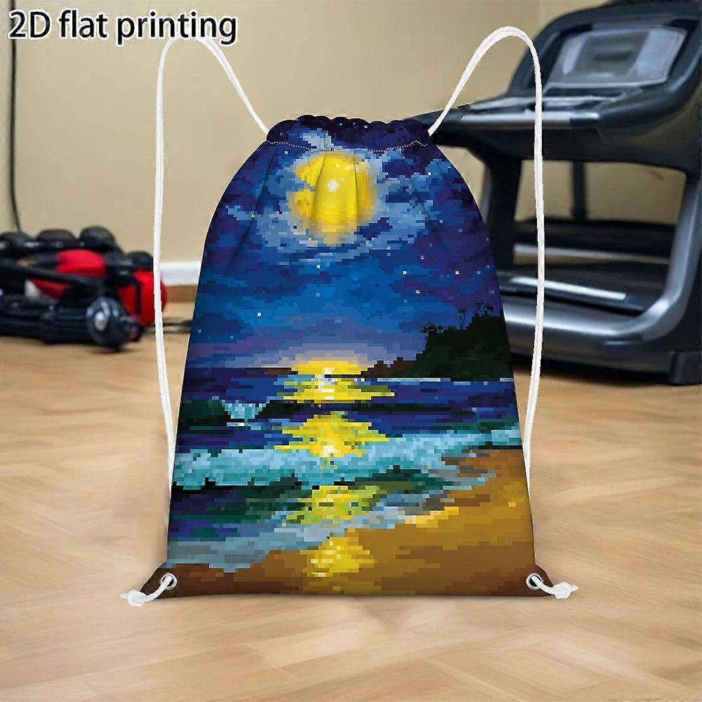 1pc Pixel Moonlit Beach 2D Flat Print Drawstring Backpack - Softshell Material, Adjustable Closure, Casual Bundle Pocket-Gqazw